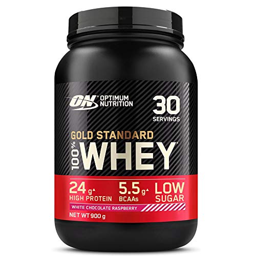 Optimum Nutrition Gold Standard 100% Whey Proteína en Polvo, Glutamina y Aminoácidos Naturales, BCAA, Chocolate Blanco y Frambuesa, 30 Porciones, 900g, Embalaje Puede Variar