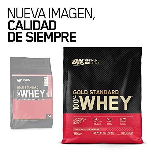 Optimum Nutrition Gold Standard 100% Whey Proteína en Polvo, Glutamina y Aminoácidos Naturales, BCAA, Fresa Deliciosa, 151 Porciones, 4,53kg, Embalaje Puede Variar