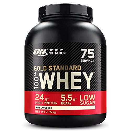 Optimum Nutrition Gold Standard 100% Whey Proteína en Polvo, Glutamina y Aminoácidos Naturales, BCAA, Sin Sabor, 75 Porciones, 2.25kg, Embalaje Puede Variar