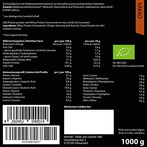 ORGAINIC Proteína de Suero de Leche - Aroma Natural - Con Aminoácidos Esenciales, No Esenciales y BCAA para Ganar y Aumentar Masa Muscular - Procesado en Frío, Sin GMO - Bolsa 1000g, Cacao