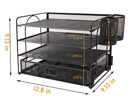 Organizador de Archivos de Escritorio de 4 Bandejas, Organizador de Suministros de Escritorio de Oficina de Malla con Cajón para Oficina en Casa (2 portabolígrafos)