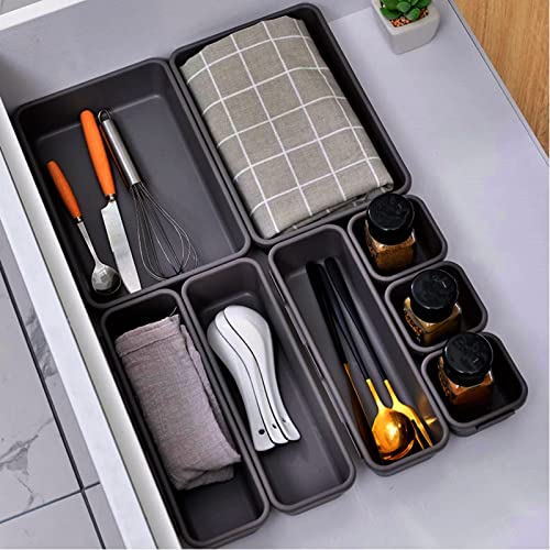 Organizador de Cajones, 16 piezas, Cajas Bandejas de Plástico Apilables Almacenamiento para Cajones, Escritorio, Cocina, Baño, Maquillaje, Armario (Gris oscuro)