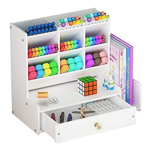 Organizador de escritorio con cajón, de color blanco y gran capacidad, para guardar bolígrafos y otros artículos de papelería, estante de almacenamiento para oficina, escuela y hogar