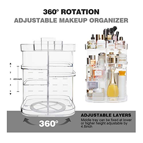 Organizador de Maquillaje, Estante de Almacenamiento Giratorio Ajustable con 360 Carrusel de Almacenamiento de Cosméticos con Capacidad de 5 Capas, Ideal para Tocador de Encimera, Cuadrado