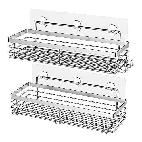 Orimade Adhesivo Estantes Cesta para Ducha con 5 Ganchos para Colgar Esponjas y Cuchillas Estanteria Organizador Baño SUS304 Acero Inoxidable Sin Taladro - 2 Piezas