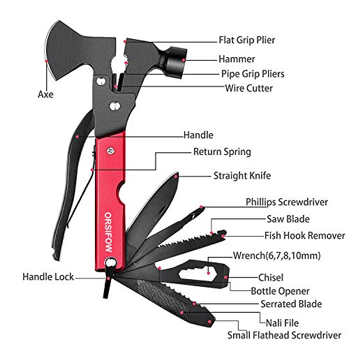 ORSIFOW Herramienta Multiuso, 18 in 1 Inoxidable Hacha Supervivencia con Martillo Alicates Cuchillo Destornillador Abrebotellas, kit Supervivencia para Acampada Senderismo y Emergencias