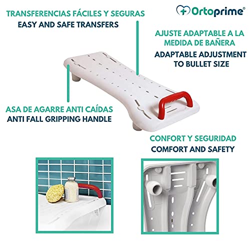 OrtoPrime Asiento Bañera Adulto Antideslizante - Tabla de Bañera Ajustable para Fácil Transferencia - con Asa de Seguridad - Banco de Baño Comodidad y Seguridad