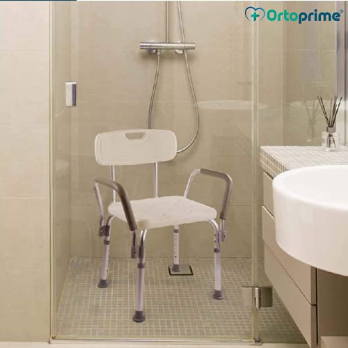 OrtoPrime Silla Ducha con Respaldo Extraíble - Taburete Baño Ortopédico Adultos y Niños - Reposabrazos Acolchados - Regulable 6 Alturas - Asiento de Aseo Cómodo y Seguro