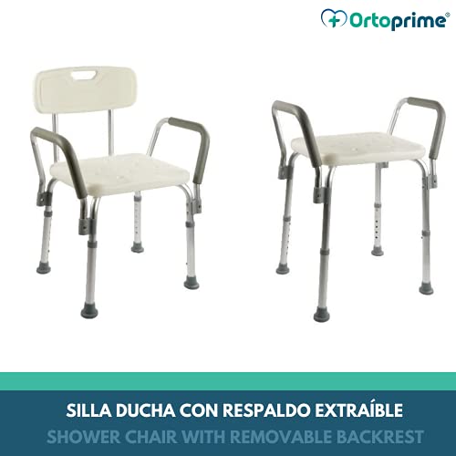 OrtoPrime Silla Ducha con Respaldo Extraíble - Taburete Baño Ortopédico Adultos y Niños - Reposabrazos Acolchados - Regulable 6 Alturas - Asiento de Aseo Cómodo y Seguro