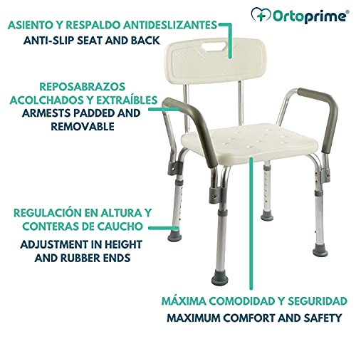 OrtoPrime Silla Ducha con Respaldo Extraíble - Taburete Baño Ortopédico Adultos y Niños - Reposabrazos Acolchados - Regulable 6 Alturas - Asiento de Aseo Cómodo y Seguro