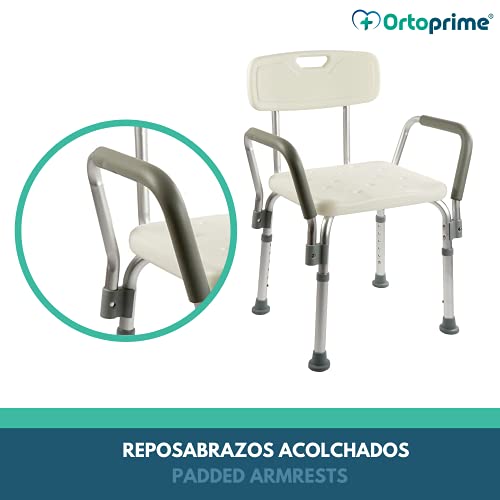 OrtoPrime Silla Ducha con Respaldo Extraíble - Taburete Baño Ortopédico Adultos y Niños - Reposabrazos Acolchados - Regulable 6 Alturas - Asiento de Aseo Cómodo y Seguro