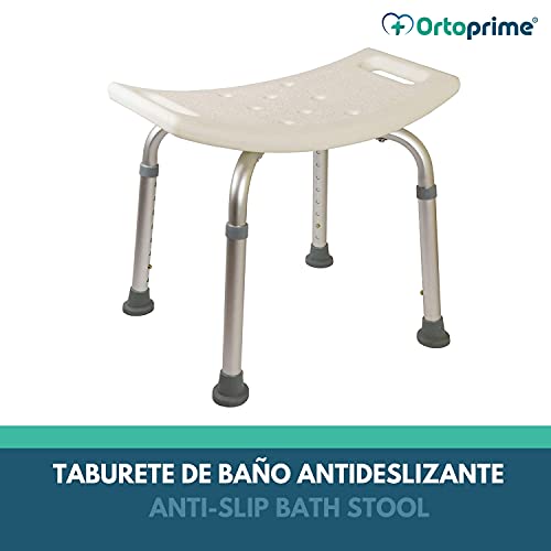 OrtoPrime Taburete de Ducha Antideslizante - Asiento de Baño Ortopédico Regulable en Altura 8 Posiciones - Taburete Baño para Adultos y Niños - Banqueta Ducha