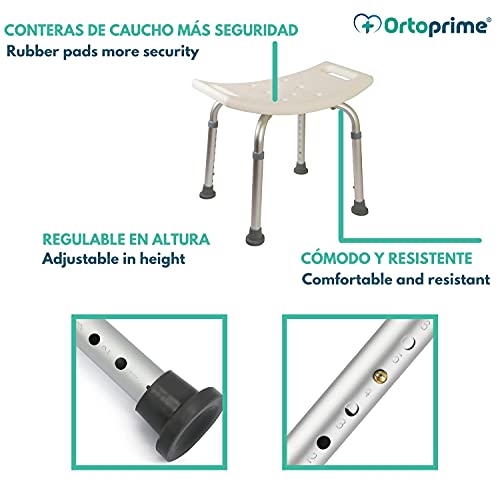 OrtoPrime Taburete de Ducha Antideslizante - Asiento de Baño Ortopédico Regulable en Altura 8 Posiciones - Taburete Baño para Adultos y Niños - Banqueta Ducha