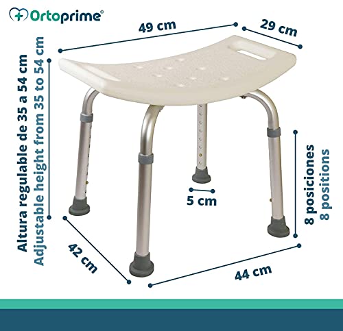 OrtoPrime Taburete de Ducha Antideslizante - Asiento de Baño Ortopédico Regulable en Altura 8 Posiciones - Taburete Baño para Adultos y Niños - Banqueta Ducha