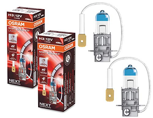 OSRAM NIGHT BREAKER LASER H3, +150% más de luz, lámpara halógena para faros, 64151NL-HCB, coche de 12 V, caja dúo (2 lámparas)