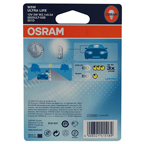 OSRAM ULTRA LIFE W5W, Lámpara halógena, luz de matrícula y de posición, 2825ULT-02B, automóvil de 12 V, ampolla doble (2 unidades)