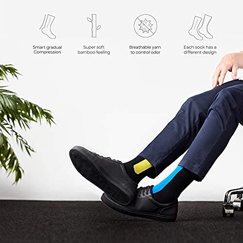 OSTRICHPILLOW - Calcetines de compresión de bambú para mujer y hombre| Viajes, deportes, trabajo | Circulación en la rodilla | (Pequeño - Mediano, Azul Azur/Amarillo Musgo)