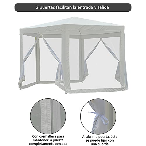 Outsunny Carpa Gazebo Tipo Cenador Hexagonal con Mosquitera para Jardín y Terraza Ø3,9 m Material de Poliéster Repelente al Agua (Crema)