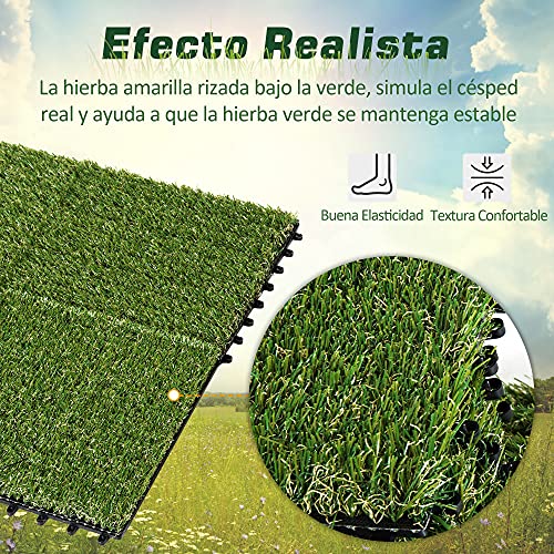 Outsunny Césped Artificial 30x30 cm 10 Piezas con Altura de Hierba 25mm Tipo Alfombra o Estera de Hierba Sintética de Exterior para Jardín y Terraza