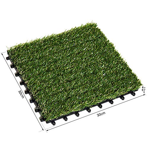 Outsunny Césped Artificial 30x30 cm 10 Piezas con Altura de Hierba 25mm Tipo Alfombra o Estera de Hierba Sintética de Exterior para Jardín y Terraza