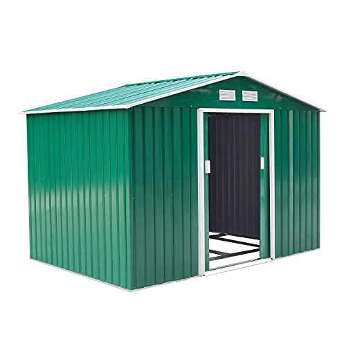 Outsunny Cobertizo de Jardín Exterior Caseta de Jardín Metálica para Almacenamiento de Herramientas con Base Incluida y 4 Ventanas 5,2 m² 277x195x192 cm Verde