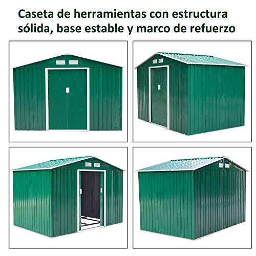 Outsunny Cobertizo de Jardín Exterior Caseta de Jardín Metálica para Almacenamiento de Herramientas con Base Incluida y 4 Ventanas 5,2 m² 277x195x192 cm Verde