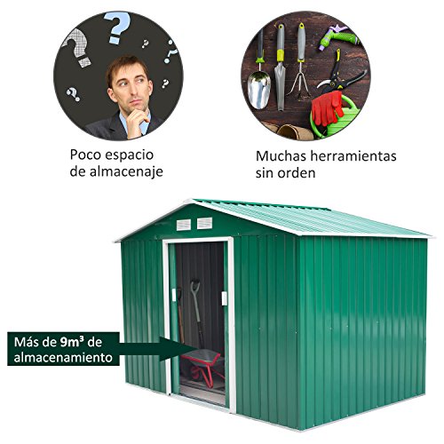 Outsunny Cobertizo de Jardín Exterior Caseta de Jardín Metálica para Almacenamiento de Herramientas con Base Incluida y 4 Ventanas 5,2 m² 277x195x192 cm Verde