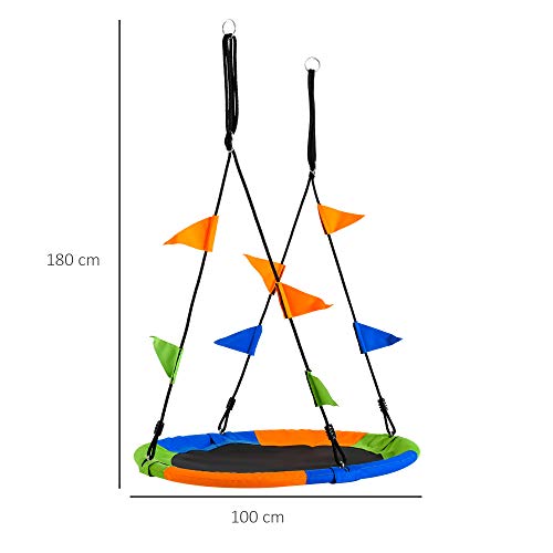 Outsunny Columpio de Jardín Nido Altura Ajustable con Cuerdas y Banderas para Niños y Adultos Carga 80 kg Interior y Exterior Ø100x180 cm Multicolor