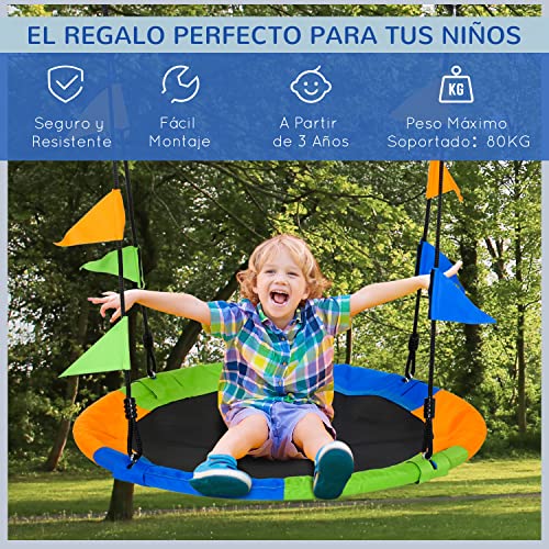 Outsunny Columpio de Jardín Nido Altura Ajustable con Cuerdas y Banderas para Niños y Adultos Carga 80 kg Interior y Exterior Ø100x180 cm Multicolor