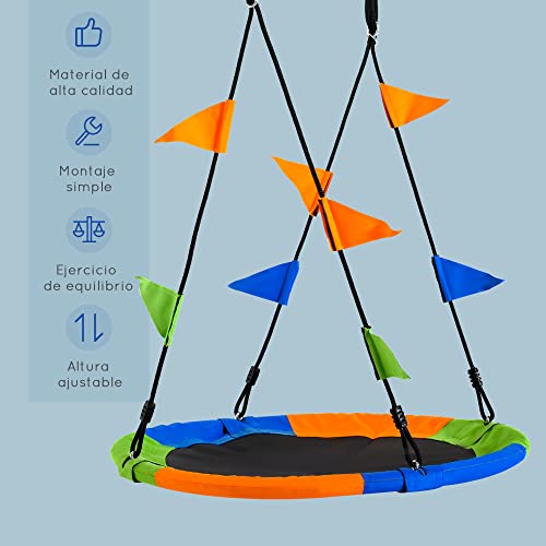 Outsunny Columpio de Jardín Nido Altura Ajustable con Cuerdas y Banderas para Niños y Adultos Carga 80 kg Interior y Exterior Ø100x180 cm Multicolor