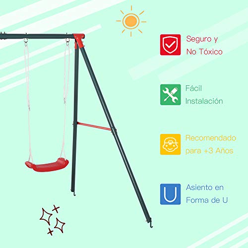 Outsunny Columpio Doble para Niños +3 Años con Soporte de Metal Juego de Columpio Infantil Cuerda Ajustable Exteriores Carga Máx. 40kg 220x160x180cm Verde Rojo