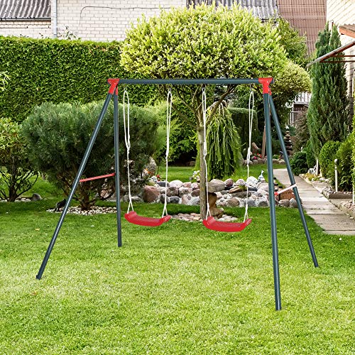 Outsunny Columpio Doble para Niños +3 Años con Soporte de Metal Juego de Columpio Infantil Cuerda Ajustable Exteriores Carga Máx. 40kg 220x160x180cm Verde Rojo