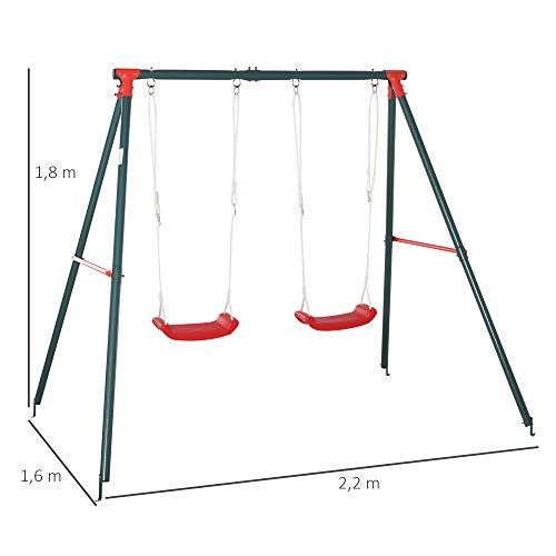 Outsunny Columpio Doble para Niños +3 Años con Soporte de Metal Juego de Columpio Infantil Cuerda Ajustable Exteriores Carga Máx. 40kg 220x160x180cm Verde Rojo