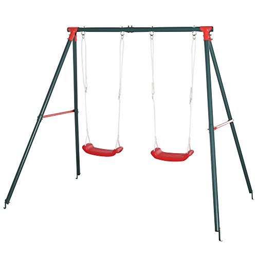 Outsunny Columpio Doble para Niños +3 Años con Soporte de Metal Juego de Columpio Infantil Cuerda Ajustable Exteriores Carga Máx. 40kg 220x160x180cm Verde Rojo