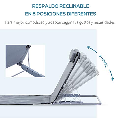 Outsunny Conjunto de 2 Esterillas de Playa con Respaldo Reclinable en 5 Niveles Bolsa de Transporte y Reposacabezas 48x134x36-45 cm Gris