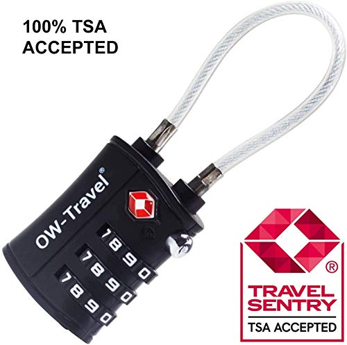 OW-Travel Candado Combinacion Cable Acero Flexible Anti robo. Candado maleta TSA numerico 3 Digitos. Candados mochila y maletas. Candado Taquilla Gimnasio. TSA candado seguridad equipaje Negro 1