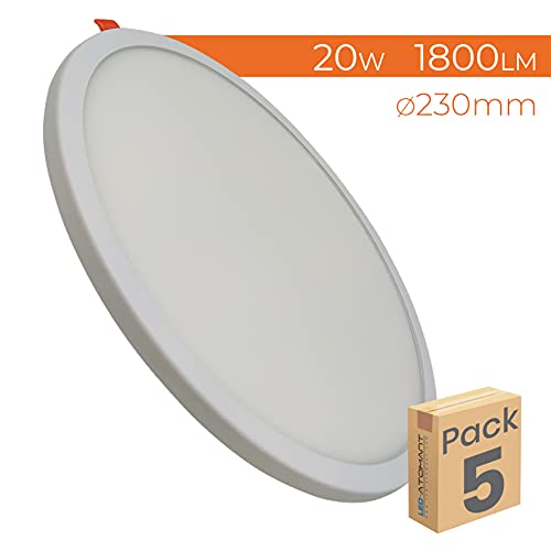 Pack 5x Panel Led Redondo Plano, 20 W, Corte Ajustable (50-180 mm). Blanco frio 6500K. 1800 Lumenes reales. Driver incluido.