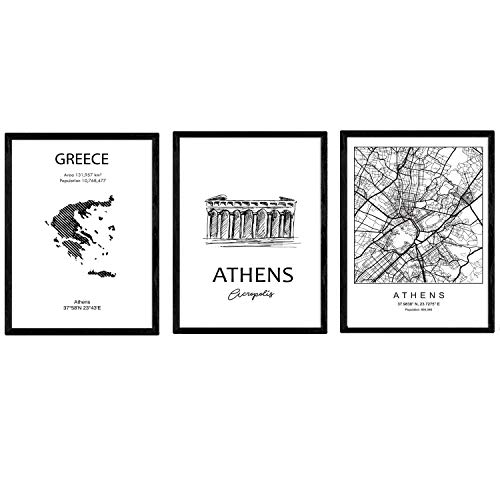 Pack de posters de paises y monumentos. Atenas mapa de la ciudad, monumento Acropolis y mapa Grecia. Tamaño A4