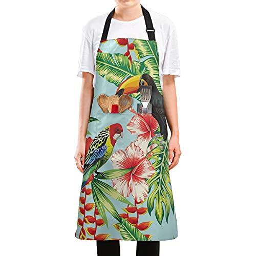 Pájaro Tropical Tucán Loro Flor Hoja De Palma Impermeable Delantal de Cocina Camarero con 2 Bolsillos Delantales para Cocinar Mujeres Carniceros Cocineros Hombres