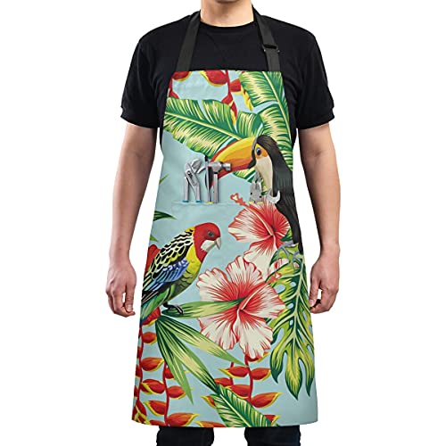 Pájaro Tropical Tucán Loro Flor Hoja De Palma Impermeable Delantal de Cocina Camarero con 2 Bolsillos Delantales para Cocinar Mujeres Carniceros Cocineros Hombres