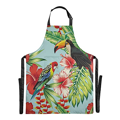 Pájaro Tropical Tucán Loro Flor Hoja De Palma Impermeable Delantal de Cocina Camarero con 2 Bolsillos Delantales para Cocinar Mujeres Carniceros Cocineros Hombres