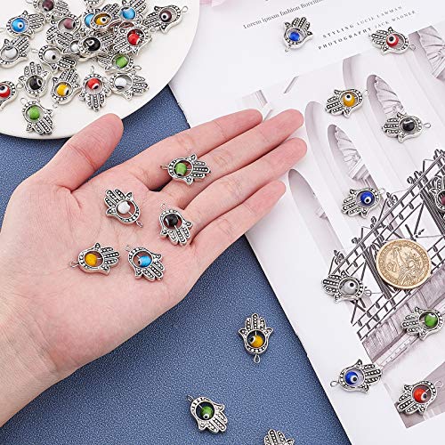 PandaHall 50 abalorios de plata envejecida con 10 cuentas de color de ojo maligno con símbolo de la mano de Fátima, cuentas de mano para hacer joyas y collares de bricolaje