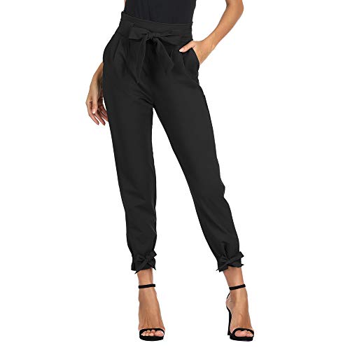 Pantalones de Cigarrillos para Mujeres con Cinturón Elástico Decorado con Un Lazo para La Primavera, Verano, Negro M Cl10903-1