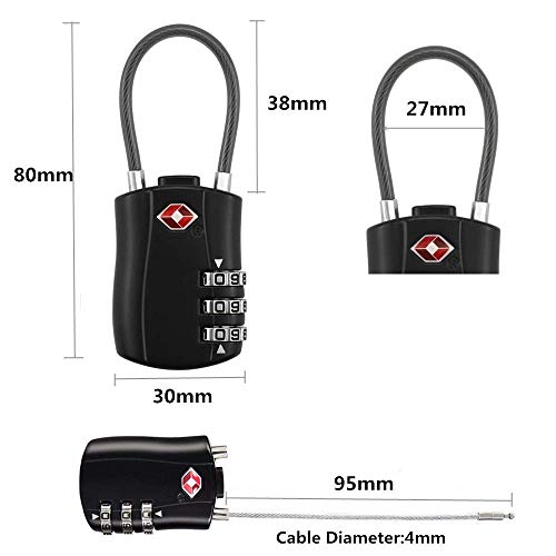 Paquete de cerraduras de equipaje TSA, candado de combinación de dígitos y cerradura de seguridad de viaje con combinación de cable de acero, Negro pack de 2 l-large