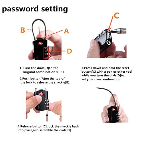 Paquete de cerraduras de equipaje TSA, candado de combinación de dígitos y cerradura de seguridad de viaje con combinación de cable de acero, Negro pack de 2 l-large