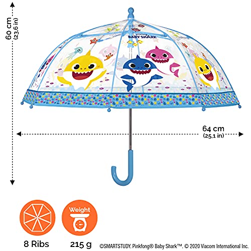 Paraguas Transparente Baby Shark para Niños 3 4 5 Años - Sombrilla Resistente Antiviento con Cúpula Tiburón - Paraguas Niño Niña Tiburones Coloreados Pinkfong Apertura Manual - Diámetro 64 cm PERLETTI