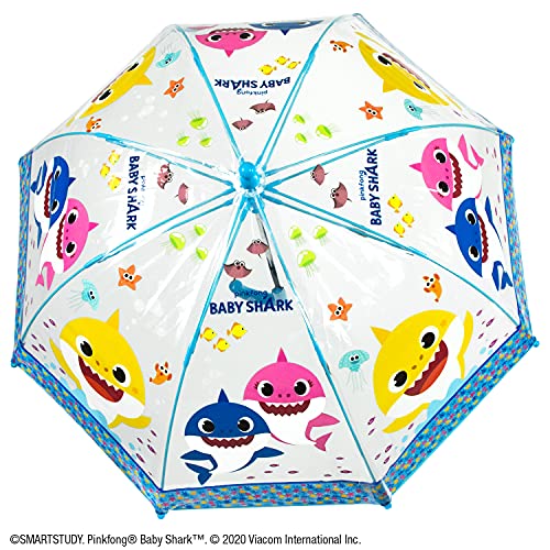 Paraguas Transparente Baby Shark para Niños 3 4 5 Años - Sombrilla Resistente Antiviento con Cúpula Tiburón - Paraguas Niño Niña Tiburones Coloreados Pinkfong Apertura Manual - Diámetro 64 cm PERLETTI