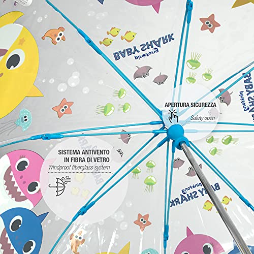 Paraguas Transparente Baby Shark para Niños 3 4 5 Años - Sombrilla Resistente Antiviento con Cúpula Tiburón - Paraguas Niño Niña Tiburones Coloreados Pinkfong Apertura Manual - Diámetro 64 cm PERLETTI