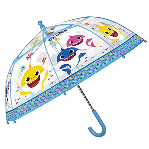 Paraguas Transparente Baby Shark para Niños 3 4 5 Años - Sombrilla Resistente Antiviento con Cúpula Tiburón - Paraguas Niño Niña Tiburones Coloreados Pinkfong Apertura Manual - Diámetro 64 cm PERLETTI