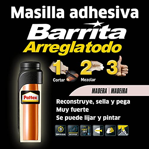 Pattex Barrita Arreglatodo Masilla bicomponente especial madera, pasta moldeable para pegar y reparar, resina epoxi barnizable y lijable para varias maderas, tubo 48 g